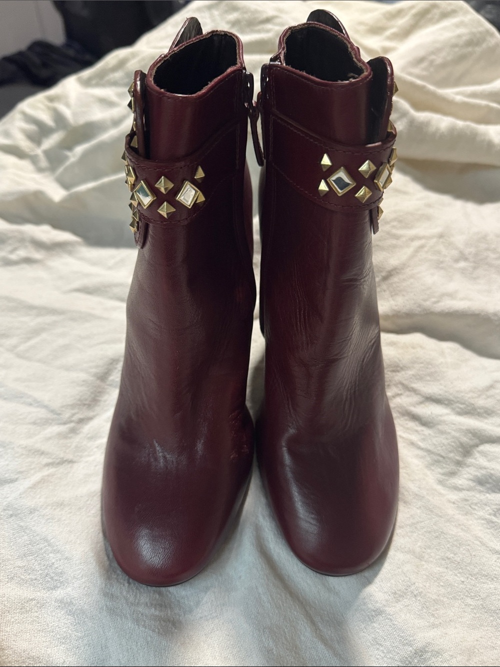 Tory Burch Stud-Accented Burgundy Leather Ankle Boots